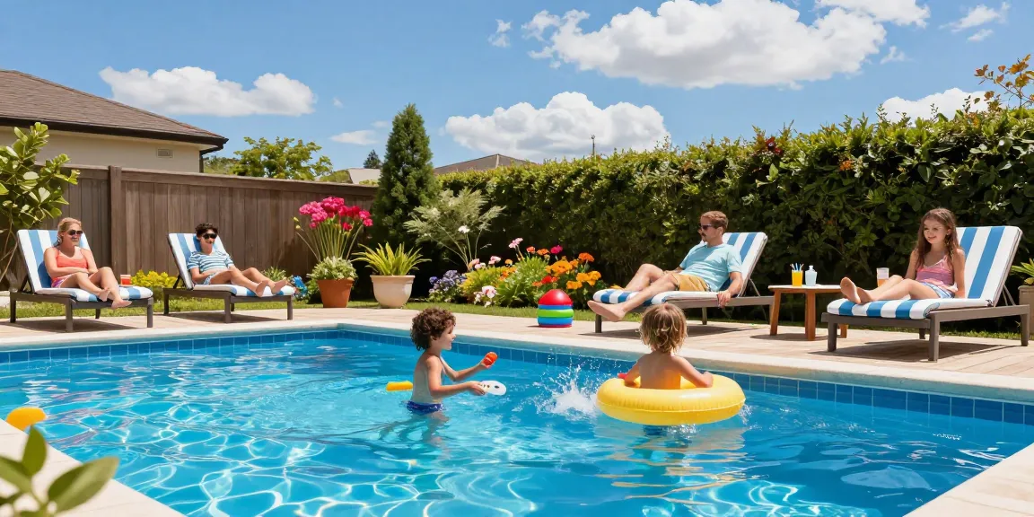 Dolphin Pool Services enhancing backyard fun with families enjoying the pool, bright and colorful summer scene.