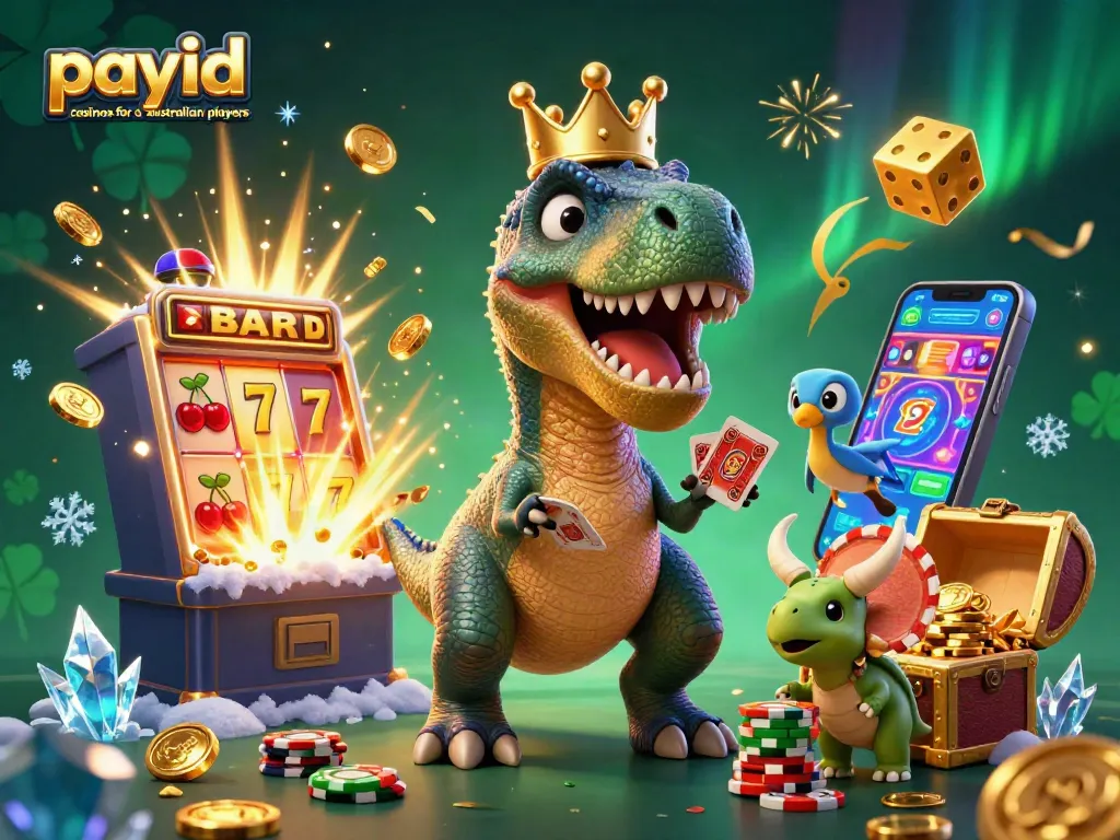 Engaging scene of T-Rex and friends celebrating at payid casinos for australian players with golden chips and jackpot excitement.