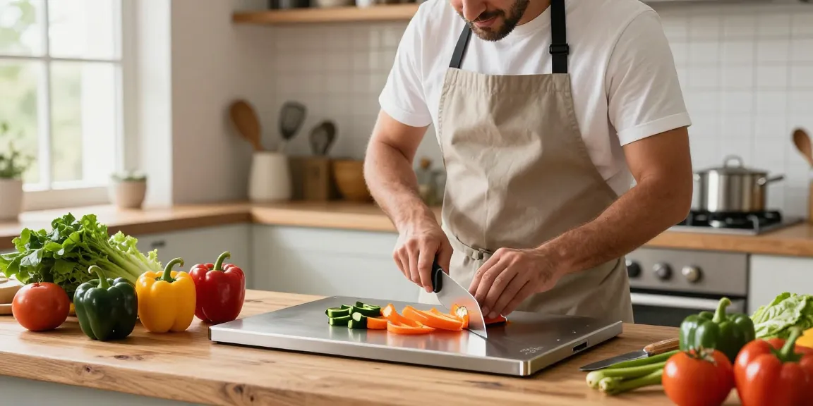 Home cook preparing vegetables on the best titanium cutting board, showcasing durability and style in a bright kitchen.