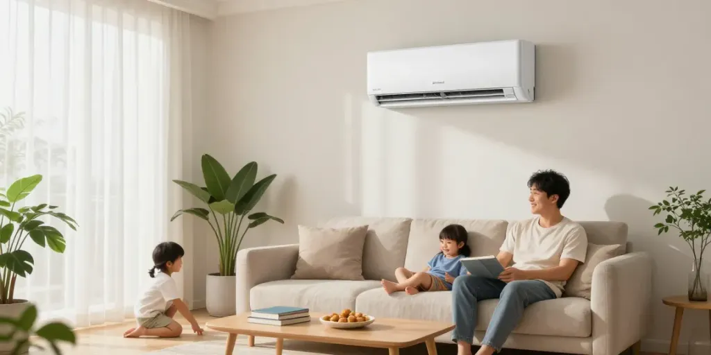 Efficient 2400 BTU mini split cooling a modern living room filled with family activities.