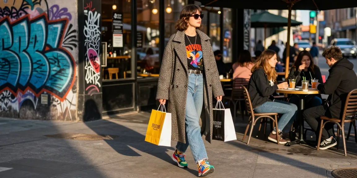 Fashion blog scene featuring a stylish individual in urban attire amidst city life, showcasing contemporary fashion trends.