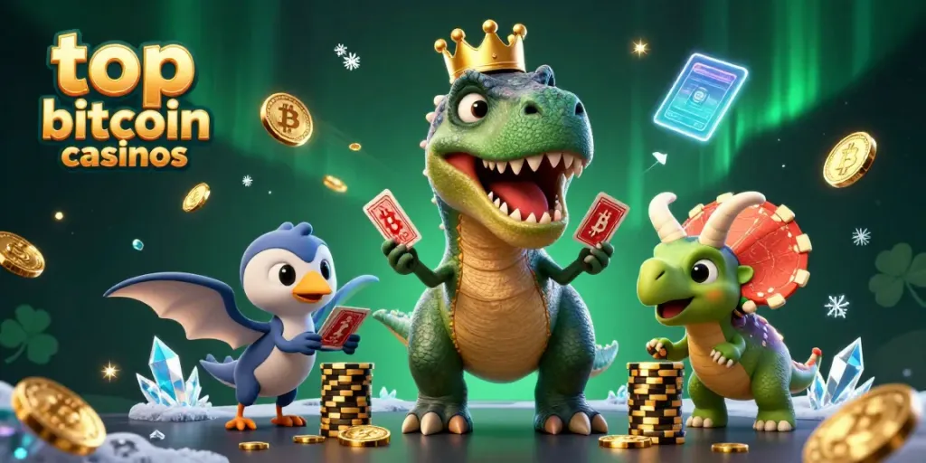 Experience top bitcoin casinos with dynamic characters and cryptocurrency elements in a vibrant 3D scene.