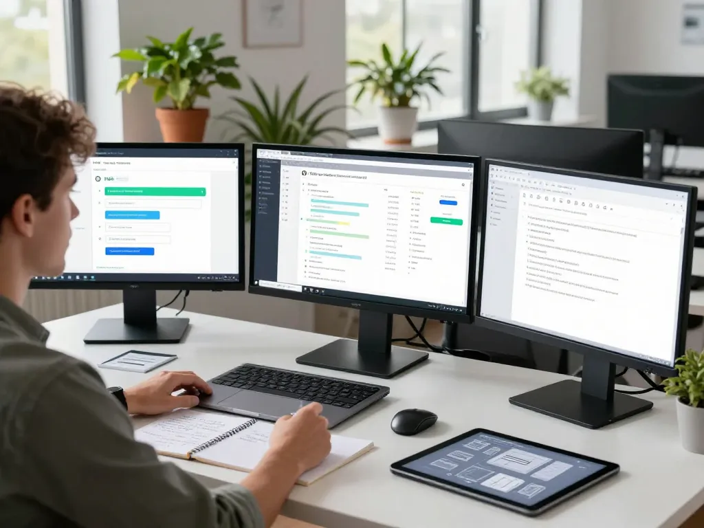 Developer showcasing n8n workflow automation on multiple screens in a modern workspace.