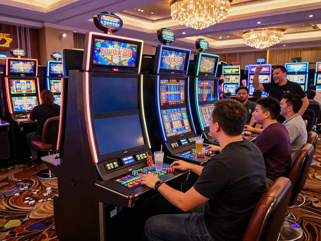 Exciting scene of players engaged in the rokok88 slot machines at a vibrant casino.
