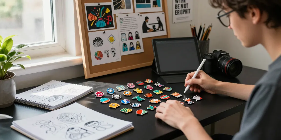 Custom acrylic pins displayed on a designer's workspace, showcasing vibrant colors and intricate designs.