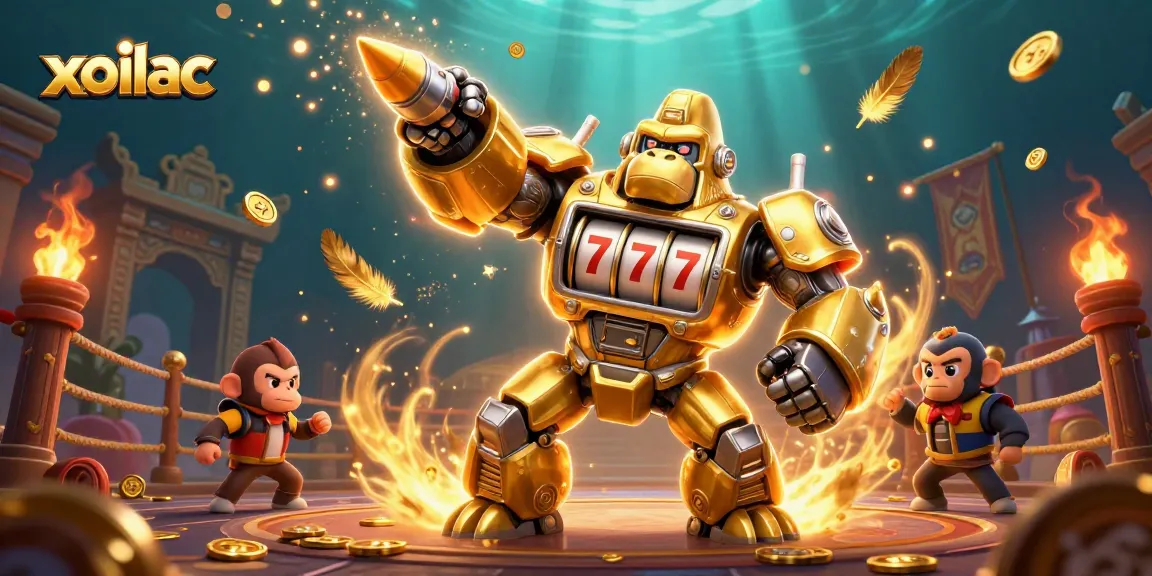 Experience immersive gameplay with xoilac in a vibrant 3D illustration of a golden gorilla mech.