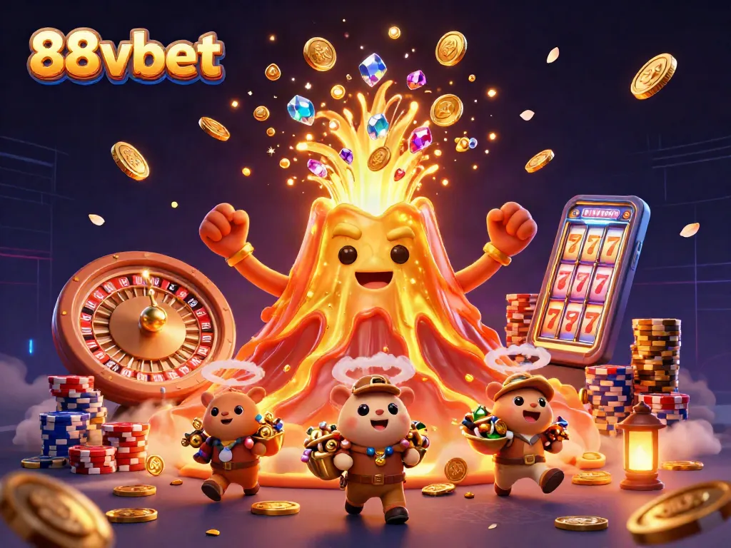 Win big at 88vbet with thrilling gaming elements like golden volcanoes and cascading coins.