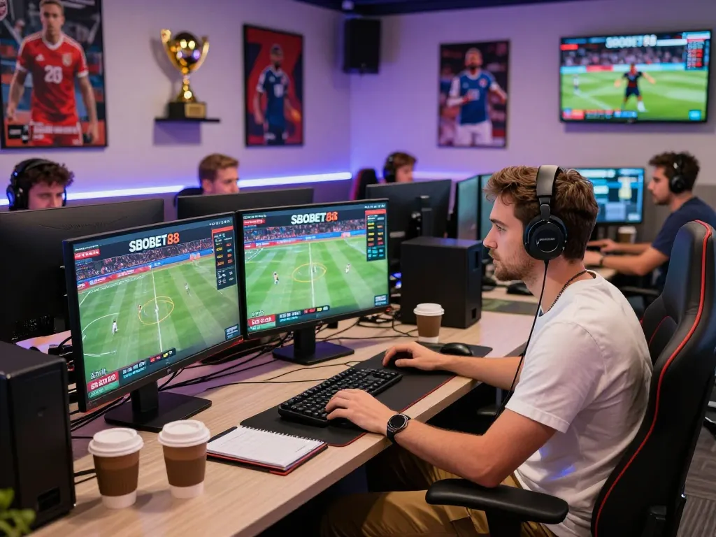 SBOBET88 live betting setup with screens displaying sports odds and engaging atmosphere.