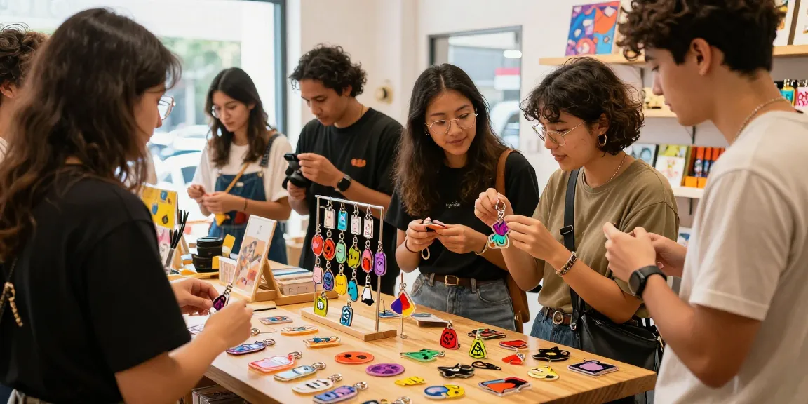 Vibrant custom acrylic keychains showcased in a trendy boutique, highlighting colorful designs and a lively shopping experience.