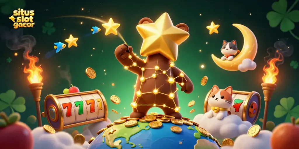 Experience the thrill of situs slot gacor with a magical bear and whimsical elements in a vibrant casino scene.