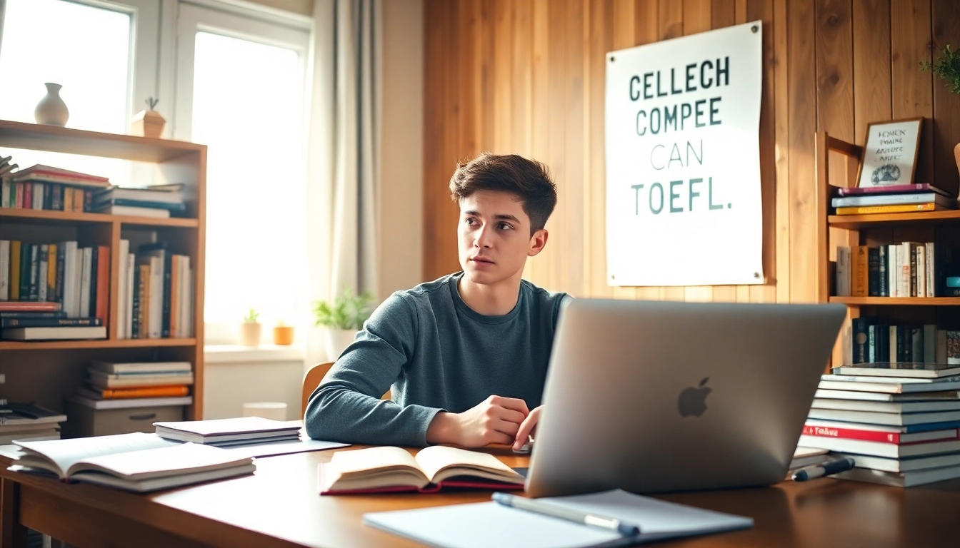Pay someone to take TOEFL as a focused student studies in a warm, cozy environment.