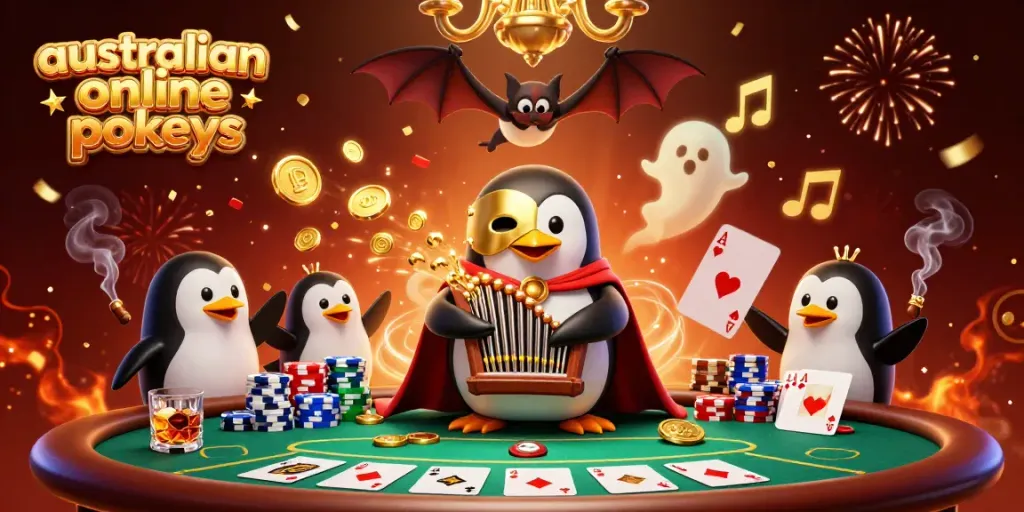 Play vibrant australian online pokies with an animated penguin and casino elements, featuring golden coins and poker items.