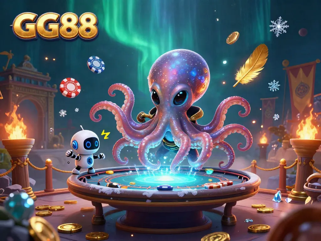 Experience thrilling gameplay at GG88 with a vibrant, alien-themed casino scene featuring an octopus and robot.