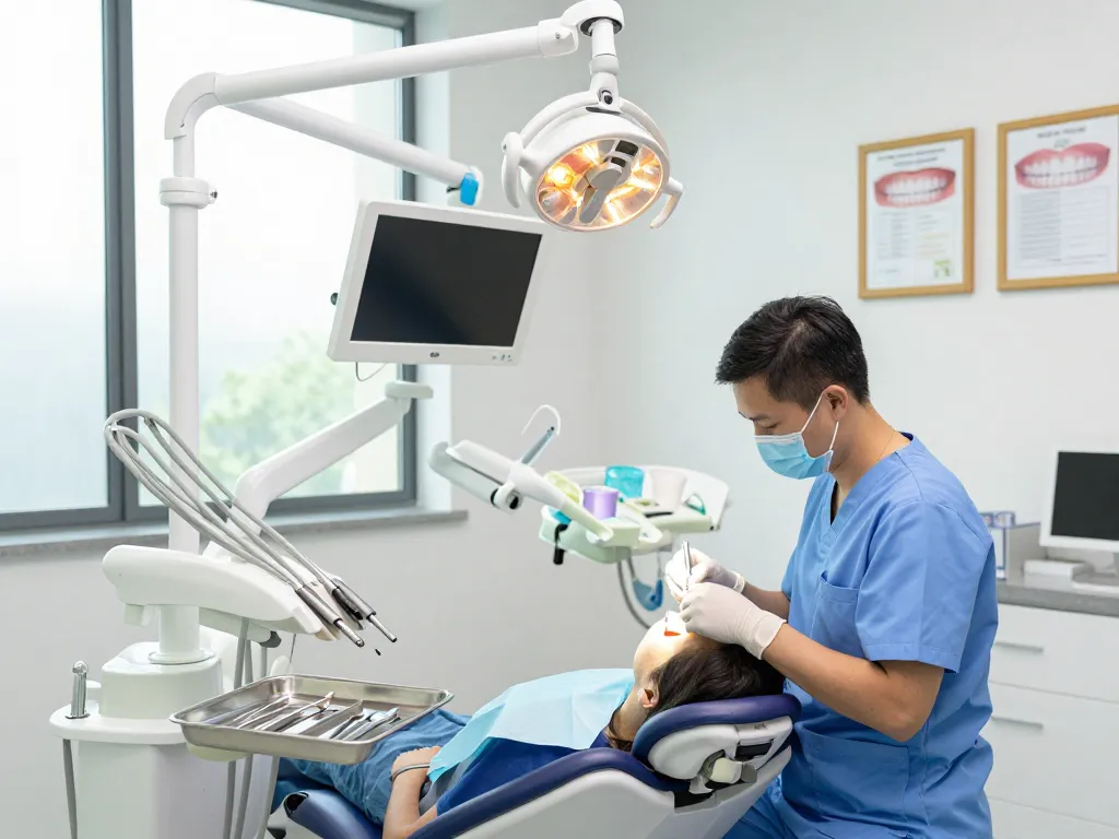 Dental equipment in a modern dental clinic with hygienist preparing tools for a patient checkup.