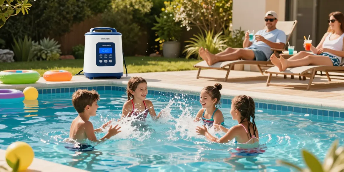 Family enjoying a swim in the pool showcasing Best Pool Chlorinators for easy maintenance