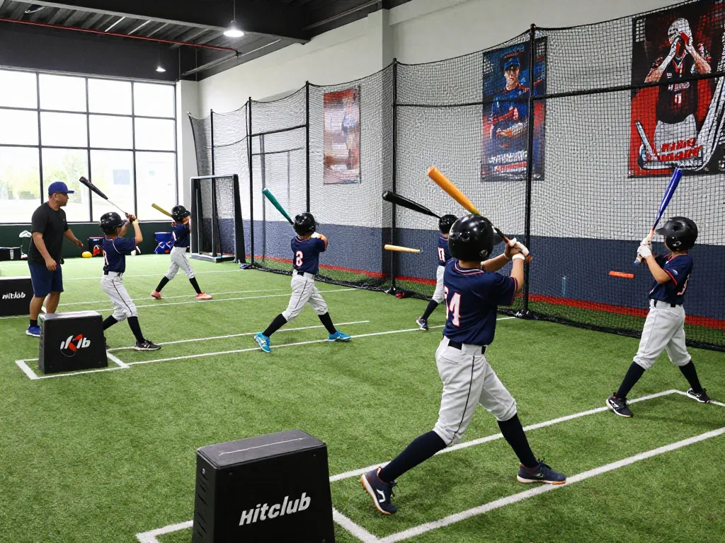 Hitclub baseball training with young athletes practicing swings indoors, professional coaching atmosphere.