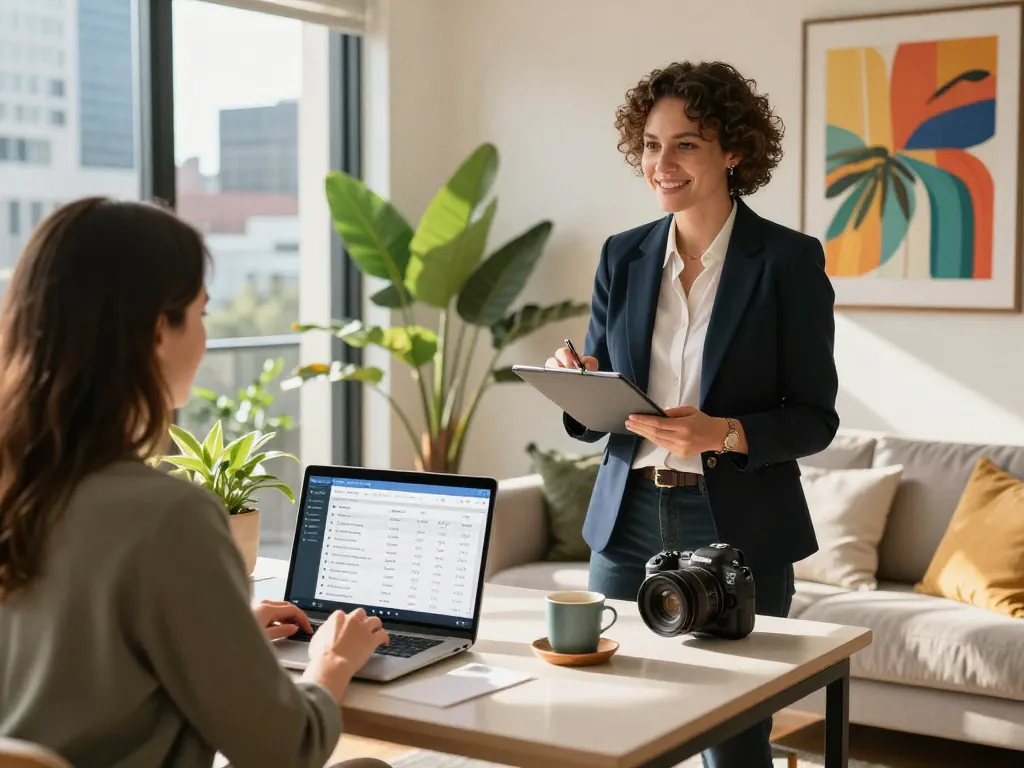 Engaging discussion on airbnb management melbourne between a property manager and homeowner in a stylish rental apartment, highlighting effective hosting strategies.