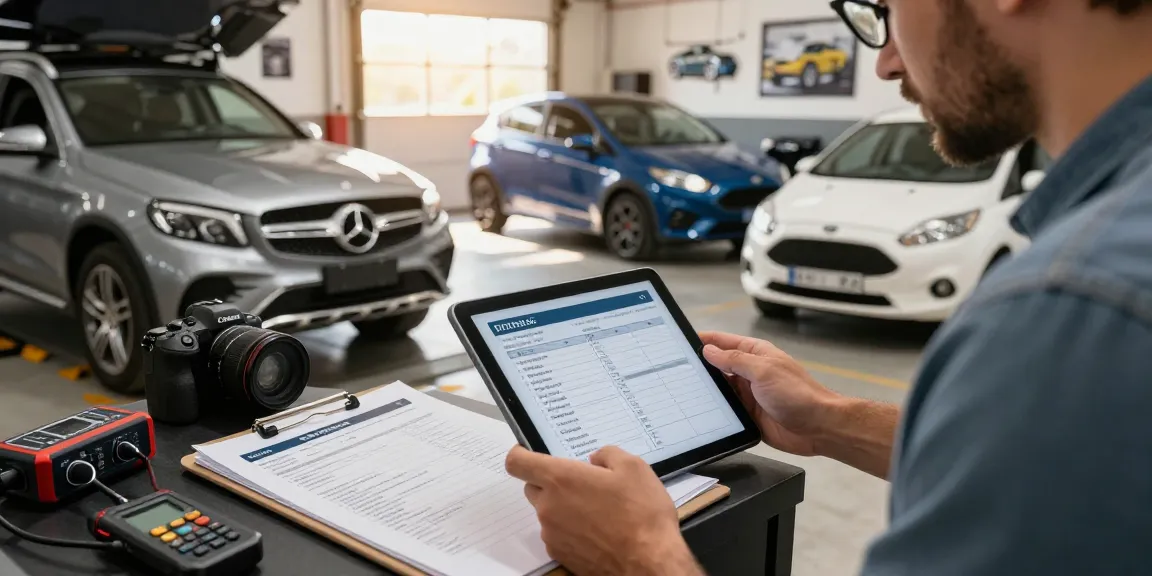 Checking the best car history check UK report in an open garage.
