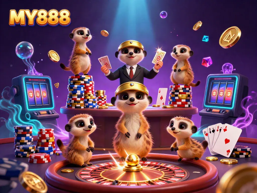 Engage with MY888's vibrant casino world, featuring clever meerkats amidst sparkling coins and games.