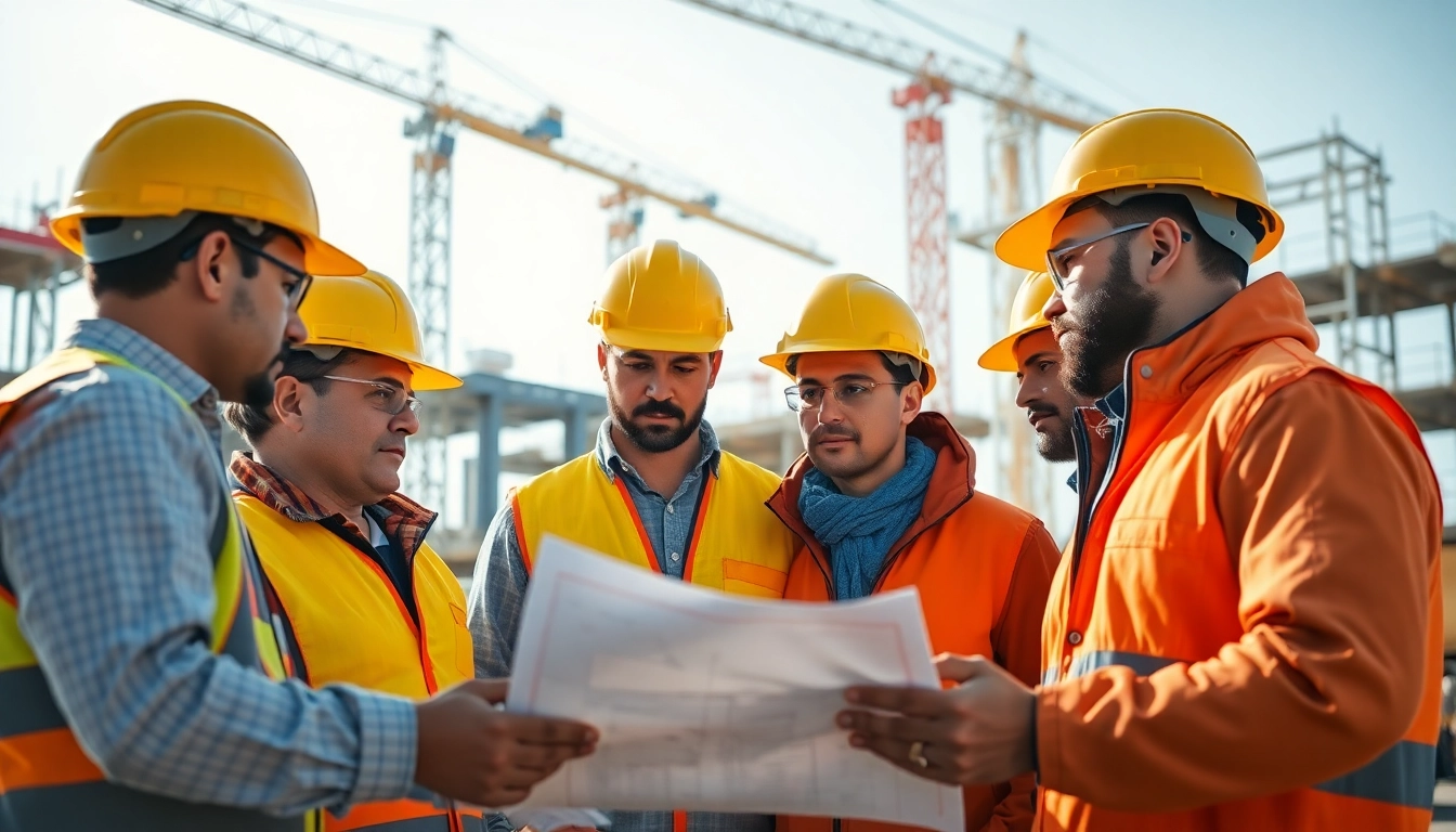 Construction career teamwork on a busy site with workers analyzing blueprints.