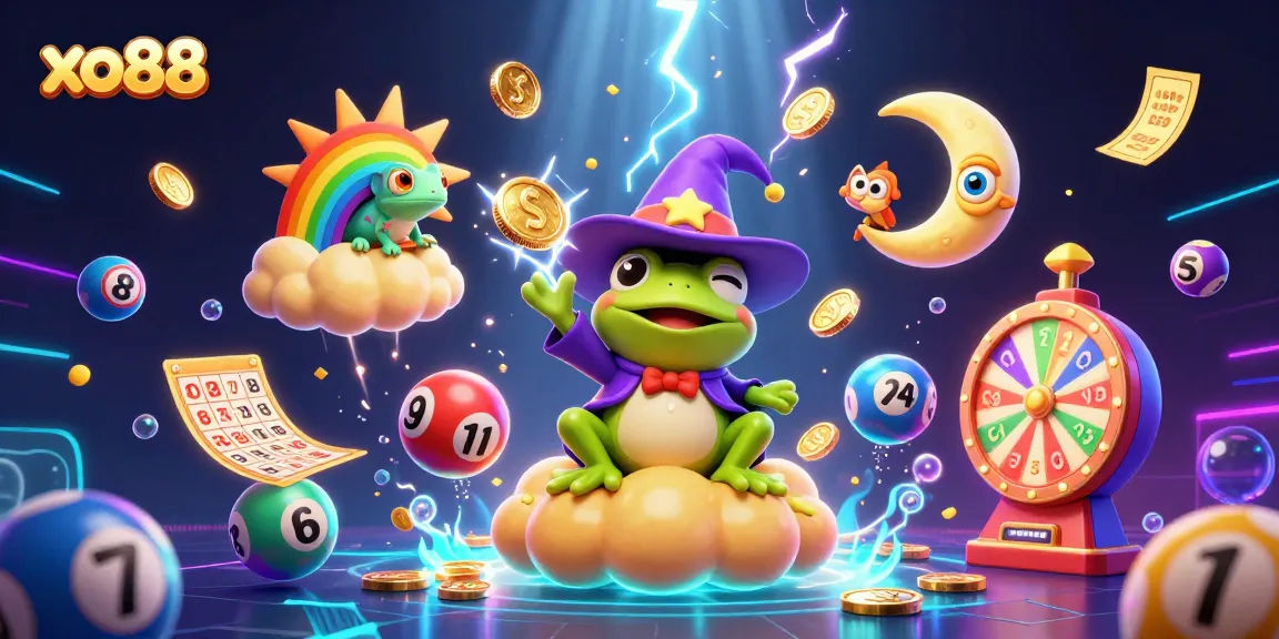 Experience the thrill of xo88 with a dynamic illustration of a weather wizard frog and a chameleon amid a storm of casino elements.
