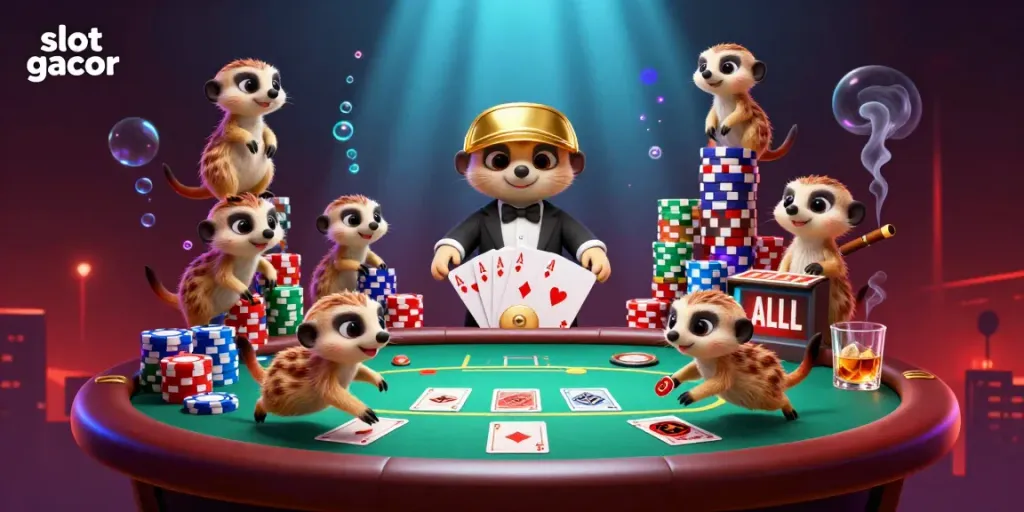 Experience slot gacor excitement with an energetic scene of meerkats as they play in a joyful casino setup.