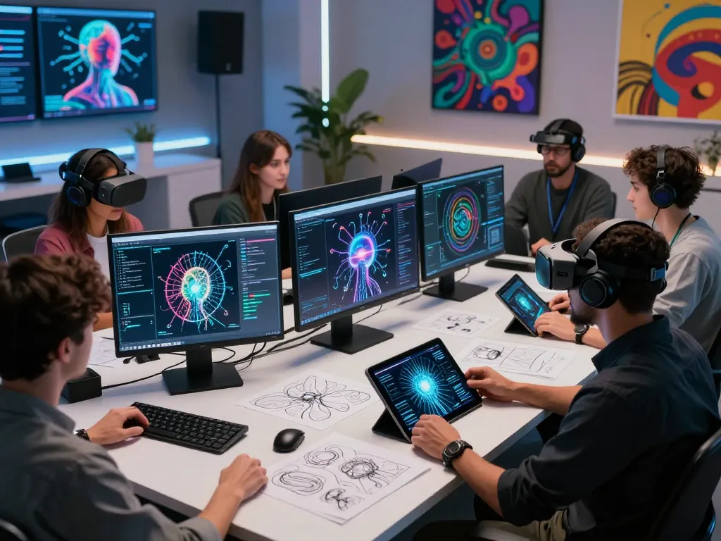 Digital artists collaborating on mind control ai projects in a creative studio environment.