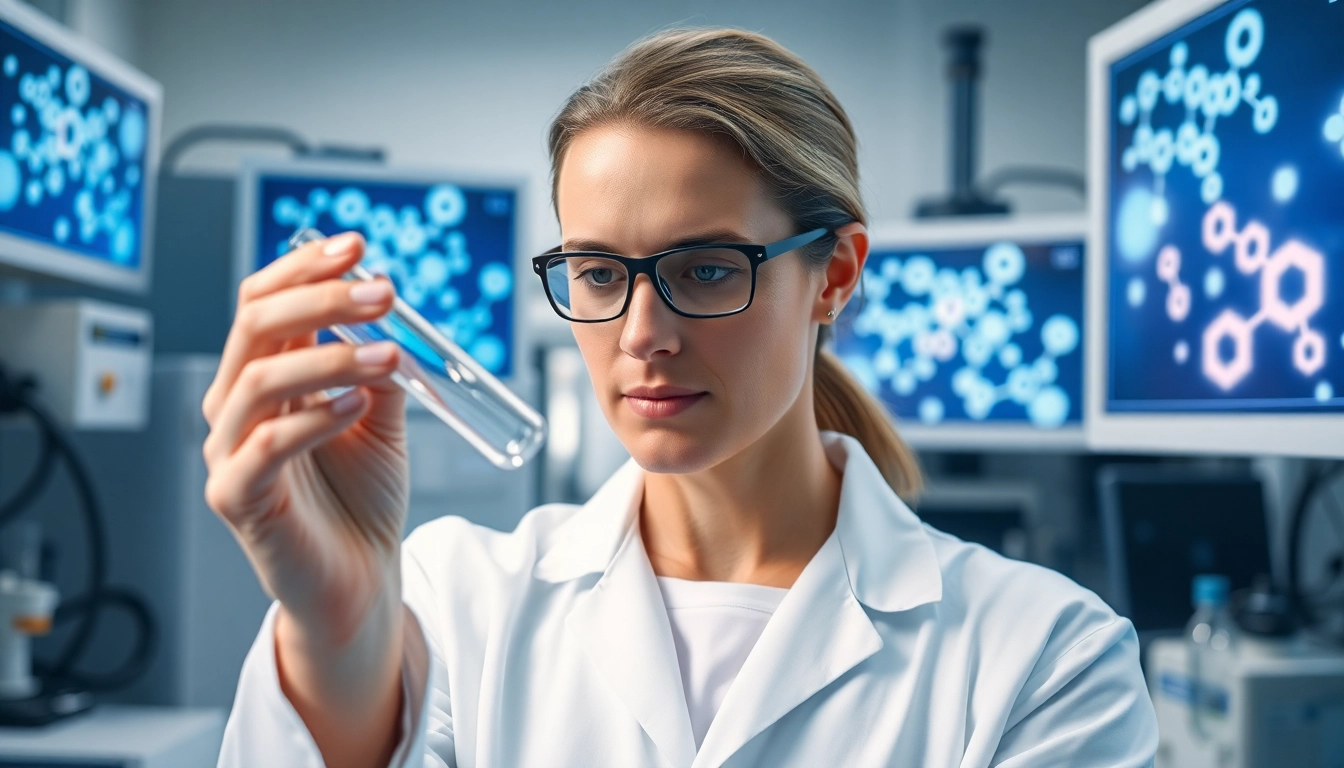 Researcher examining Retatrutide in a modern lab environment, highlighting scientific discovery.