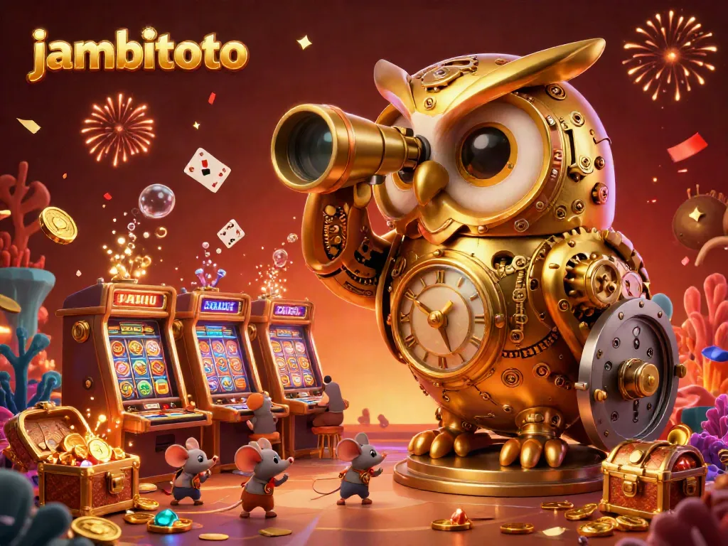 Experience the thrill of jambitoto with a vibrant casino scene featuring a clockwork owl and playful mice amidst treasures.
