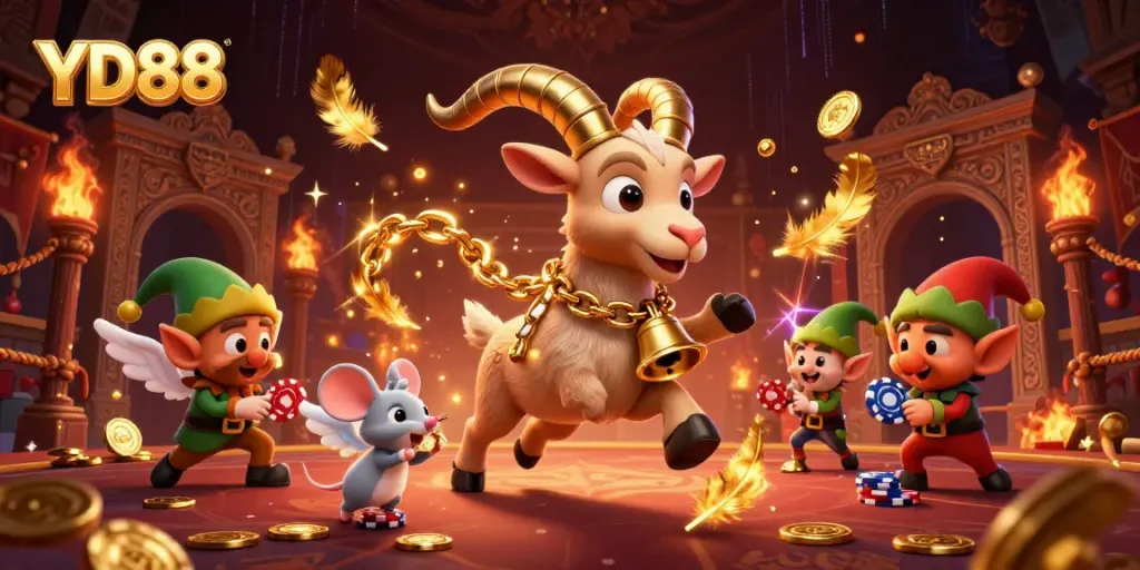 Engage with thrilling gaming action at YD88, featuring a festive casino scene with whimsical characters.