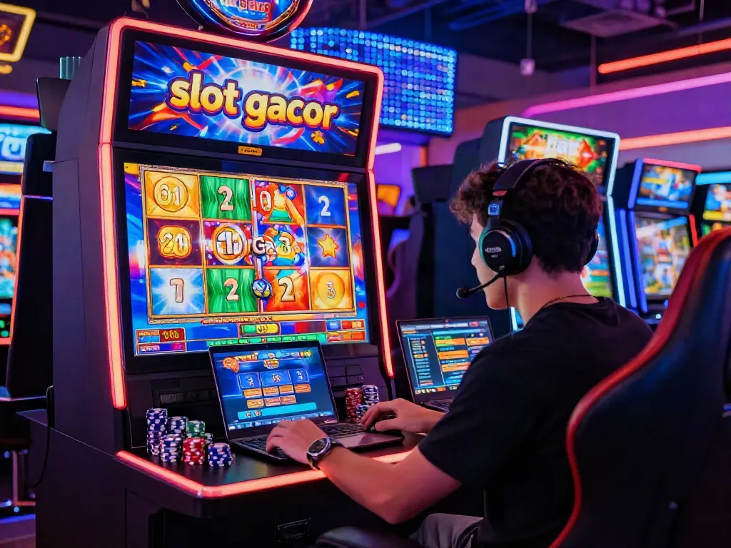 Player enjoying exciting slot gacor game on vibrant online casino platform, with colorful graphics and chips.