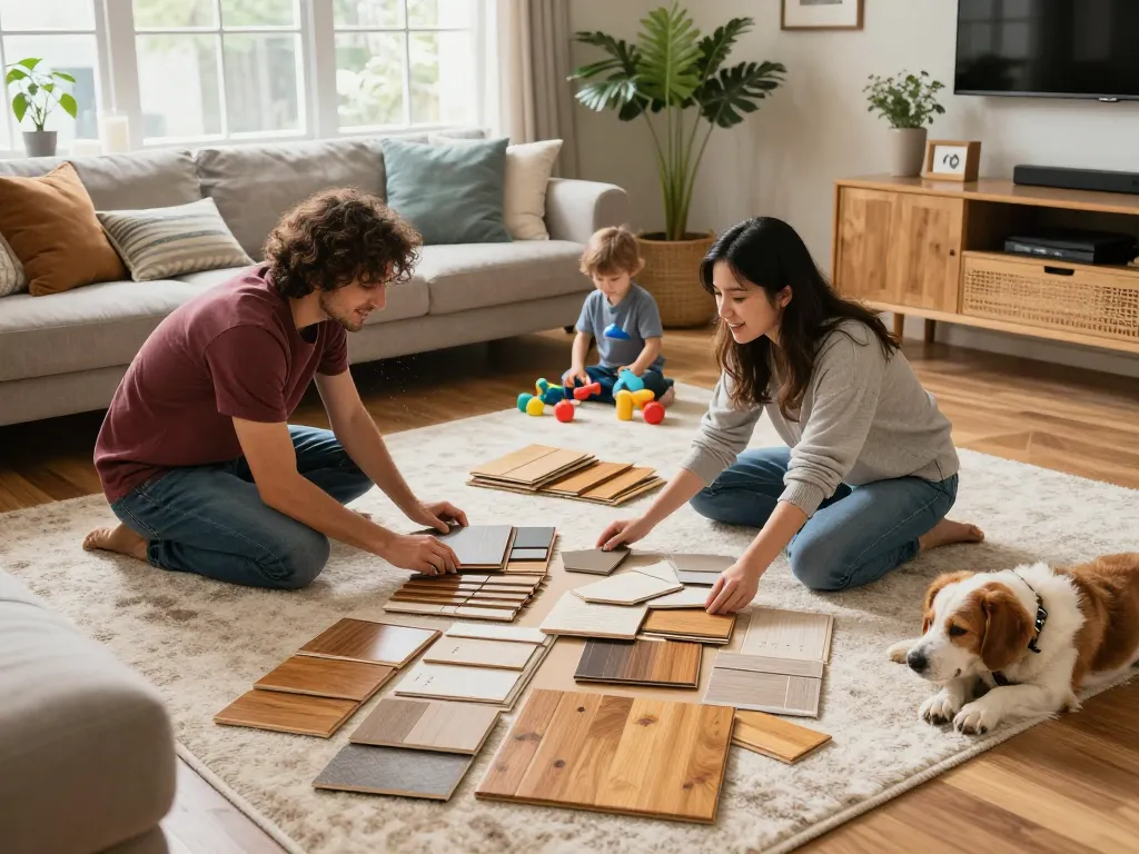 Family engaging with flooring specialists near me in a cozy living room.