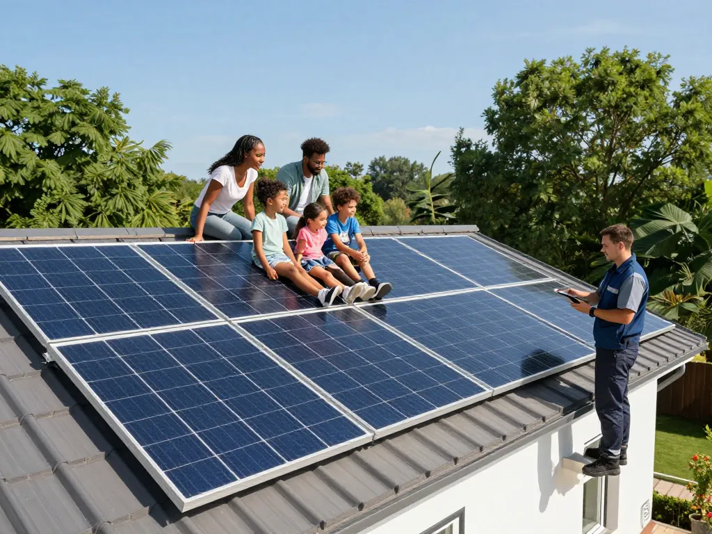 N-Typ PV-Module installed on a family home with children playing outside, showcasing sustainable solar energy.