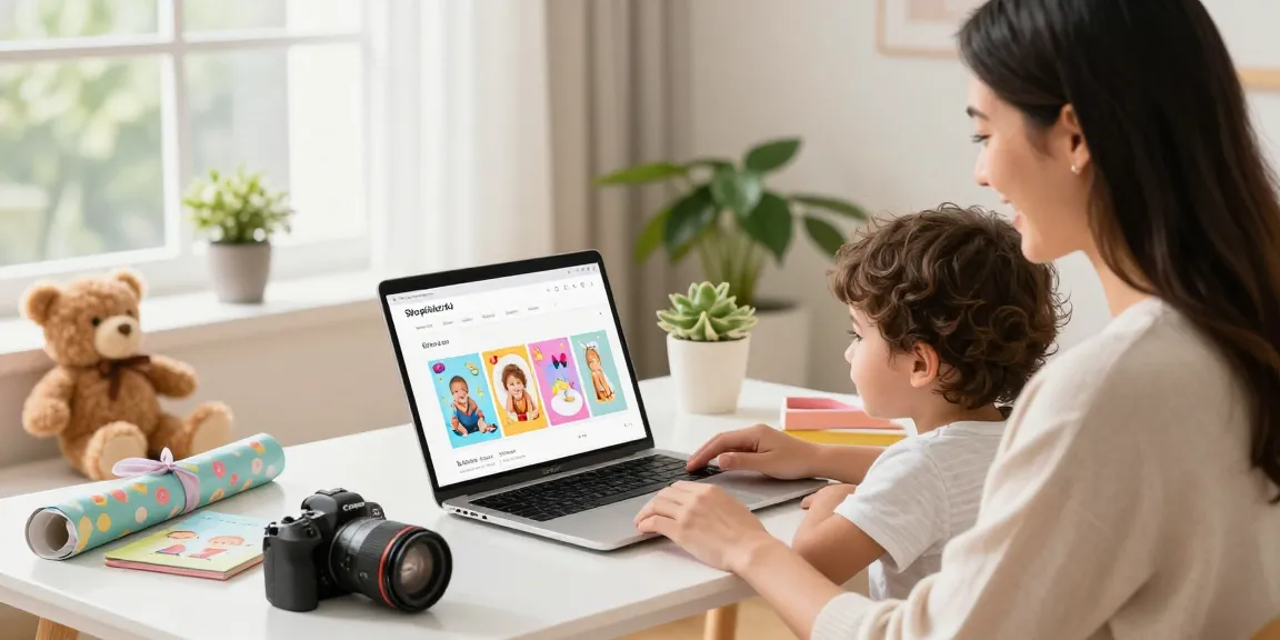 Shopping on Shoplinks 4u for creative gift ideas like baby albums in a cozy home setting.