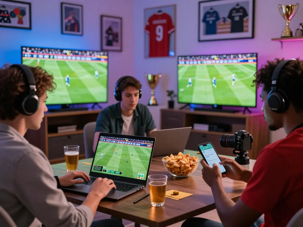 Engaged users placing bets on OKFUN sports betting platform in a lively home setup with sports memorabilia.