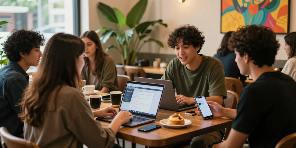 Friends enjoying rokok88 app and socializing in a vibrant cafe setting.
