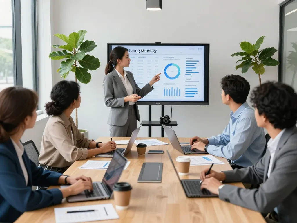 Team collaboration in a modern office highlighting temporary staffing agencies recruitment strategy with engaging presentations.