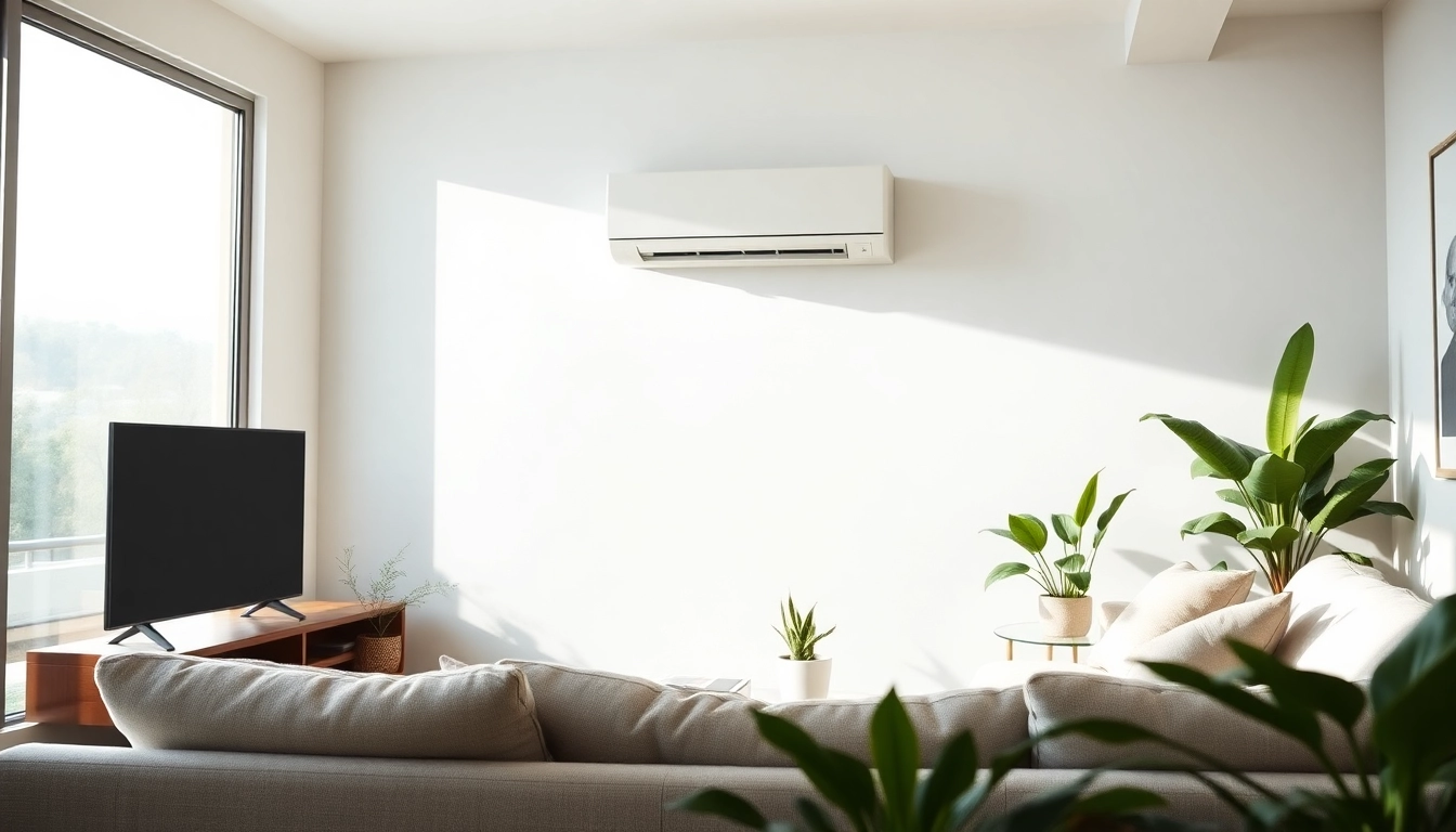 Installations of Mitsubishi mini split AC in a contemporary living room with natural lighting.