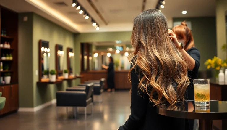 Aveda salon San Diego with a stylist showcasing balayage on a client in a serene environment.