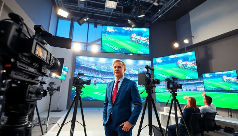 Engaging sports broadcasting scene showcasing hosts and modern equipment in action.