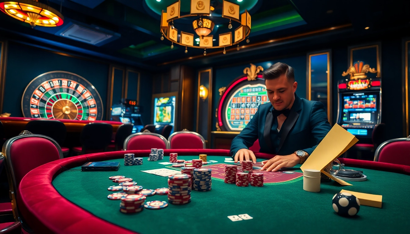 Experience thrilling gambling action at https://f168.tools/ with vibrant casino tables, cards, and lively players.