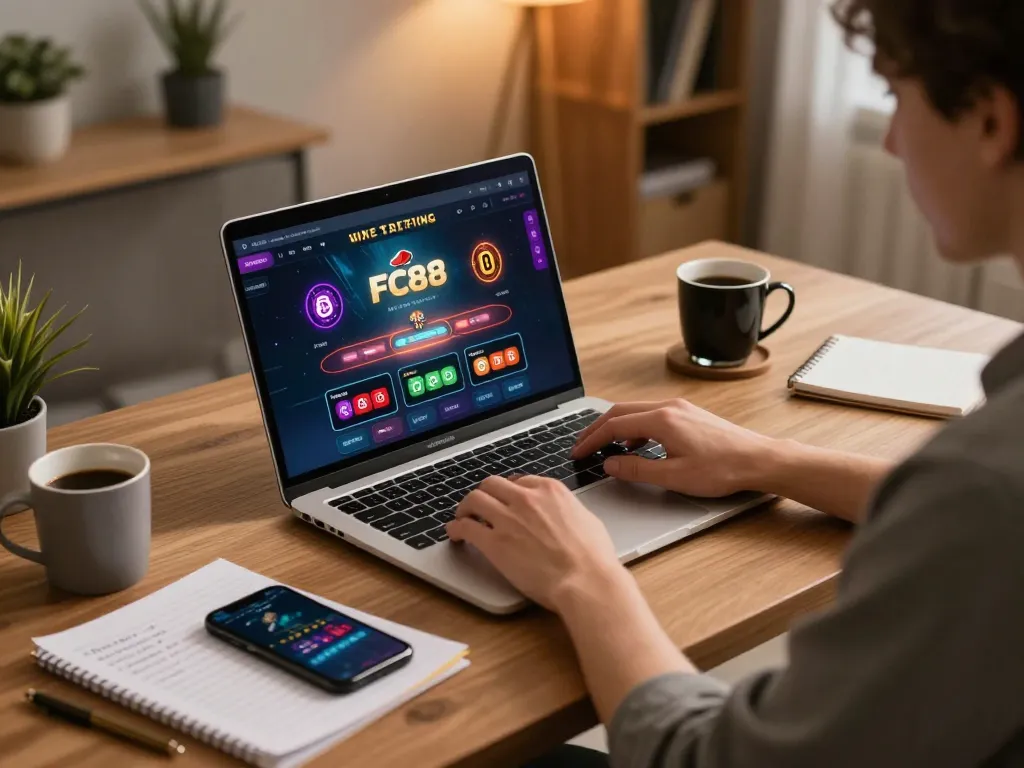 Engaging in online gaming at FC88 with a home office setup, laptop displaying casino interface.