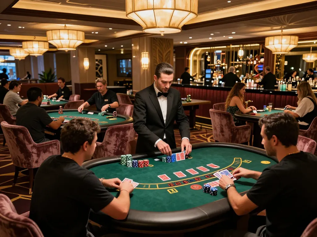 Players strategizing at a man club blackjack table with professional dealers and lavish decor.