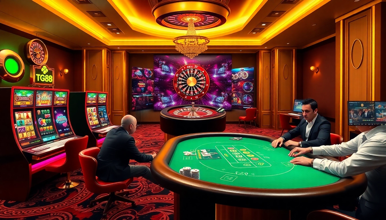 Engage with high-stakes gaming at tg88, featuring vibrant slot machines and a thrilling poker game.