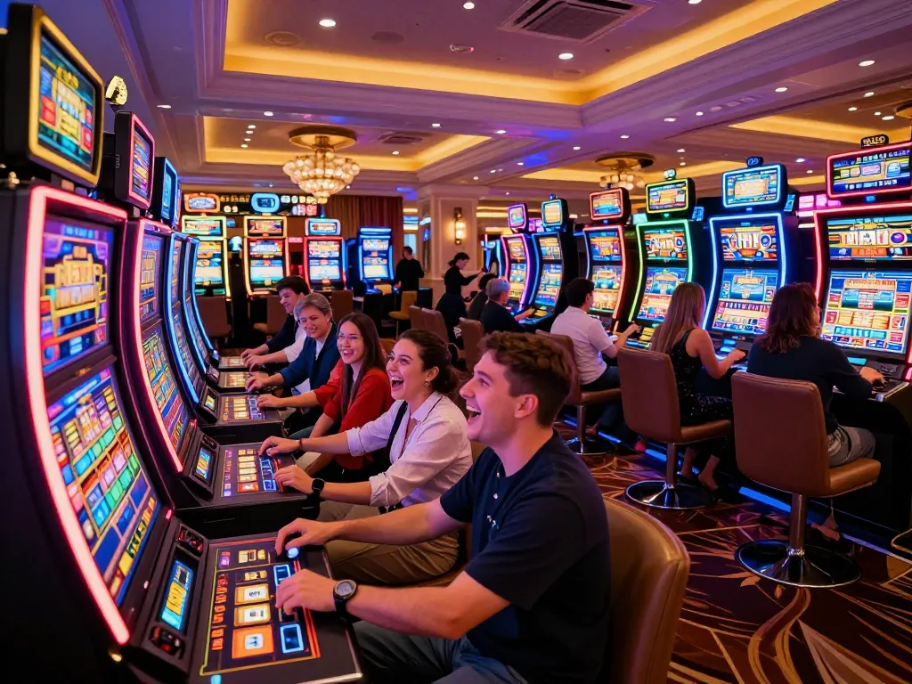 Keseruan kasino SBOBET88 yang menampilkan pemain berinteraksi dengan mesin slot yang menarik di bawah cahaya yang berwarna-warni.