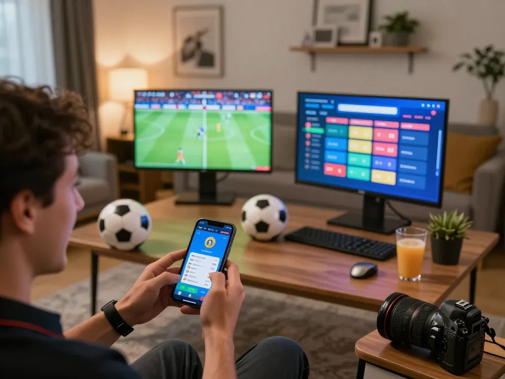 SOCOLIVE user engaged in live soccer betting through smartphone app in a cozy home setting, showcasing vibrant odds