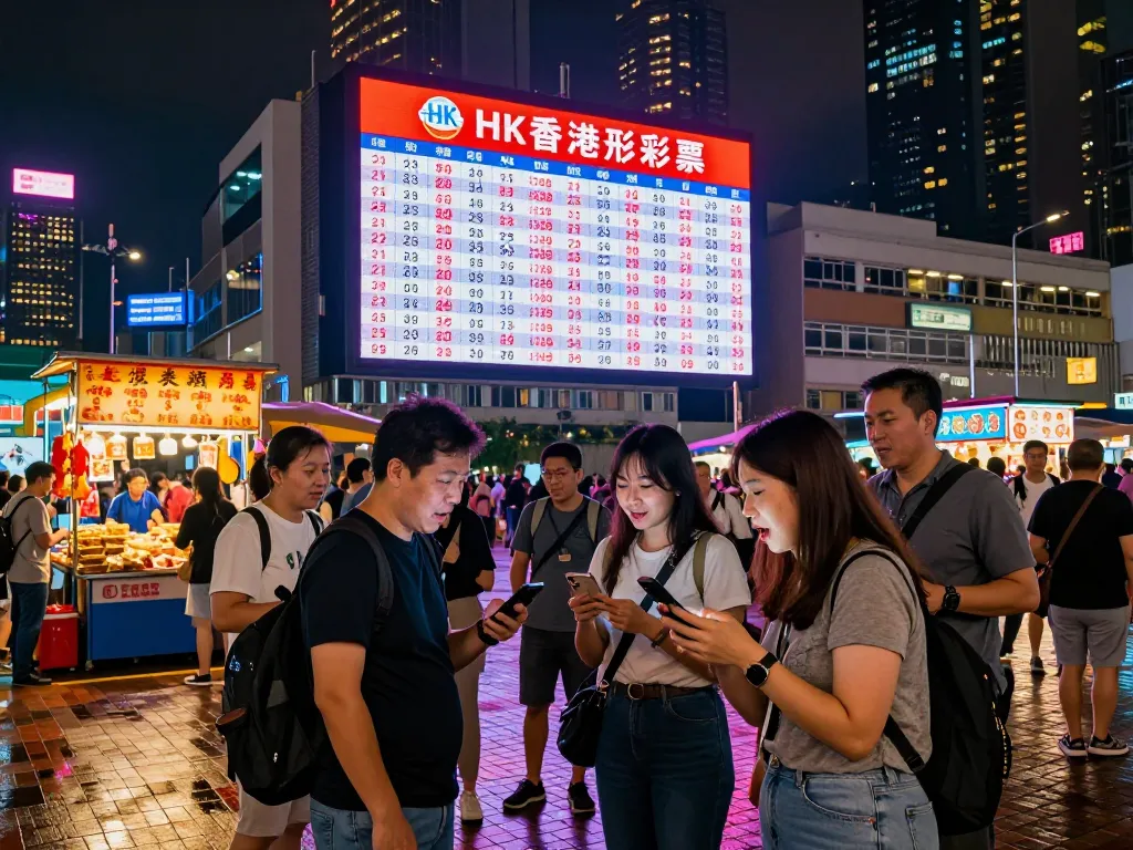 Kerumunan dengan semangat memeriksa hasil lotere HK Malam Ini di latar belakang Hong Kong yang hidup.