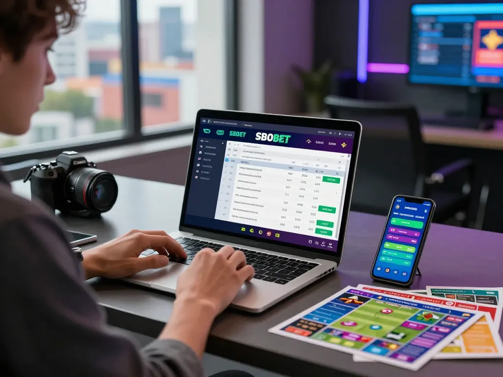 SBOBET online sports betting interface with live odds and vibrant city backdrop