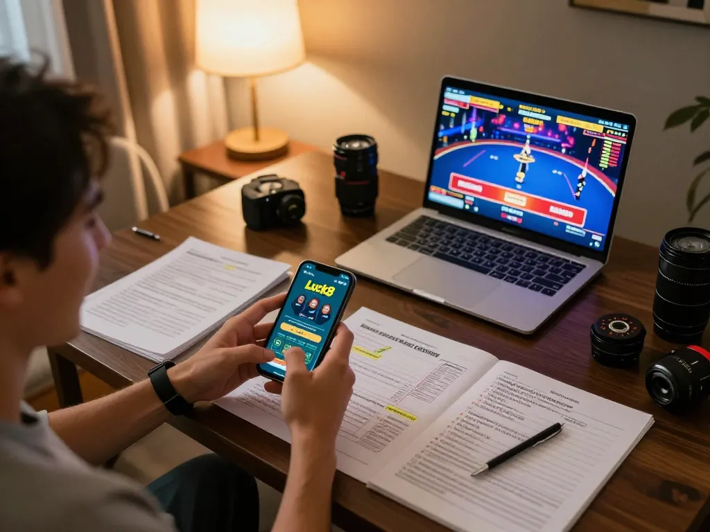 Experience Luck8 mobile gaming in a cozy living room, showcasing exciting gameplay and strategic planning