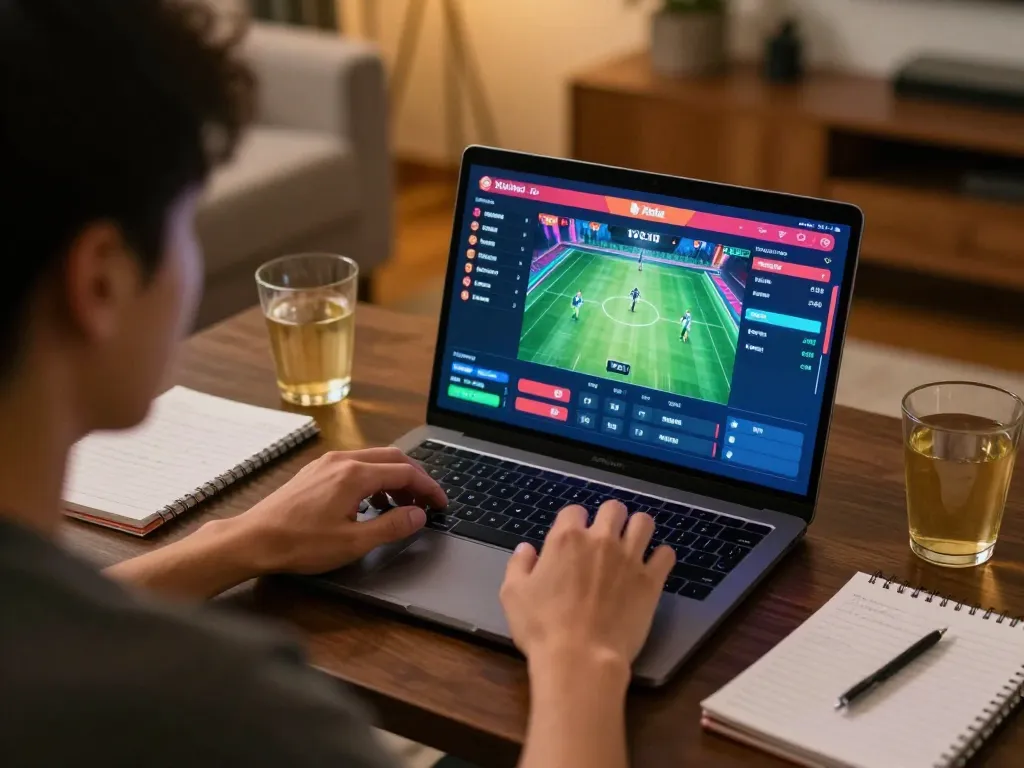 Xoilac sports betting scene: Person engaged with vibrant online betting platform in a cozy home setting.
